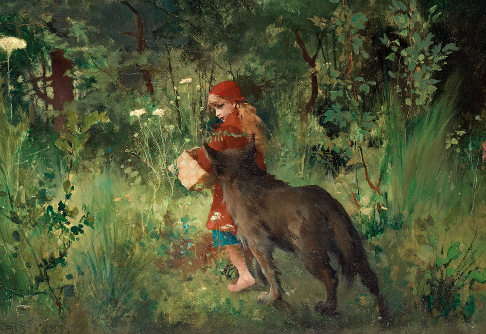 A painting of Little Red Riding Hood walking in a forest with a wolf.